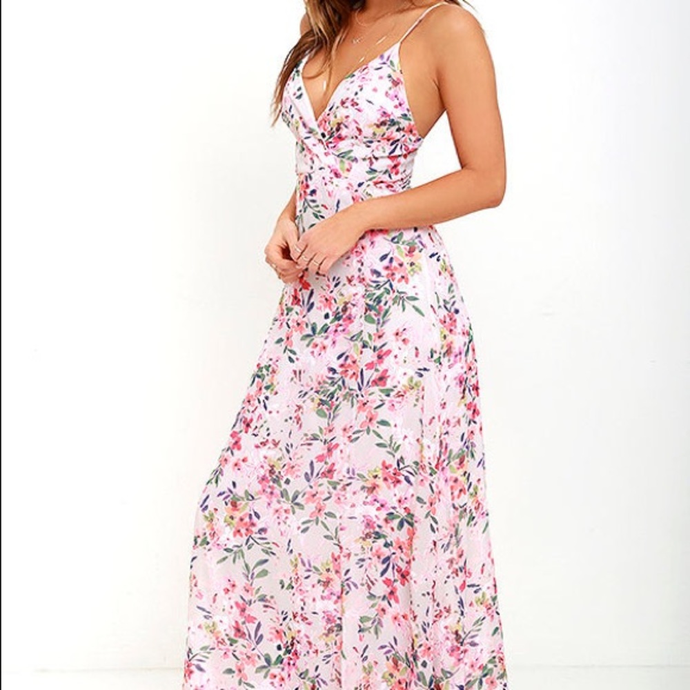 Lulus taupe pink floral maxi dress.